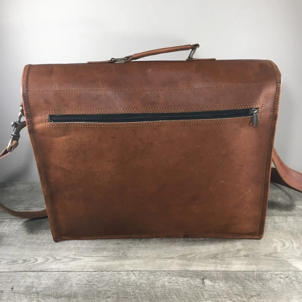 Vtg Waxed Leather Brown School Messenger Briefcase Shoulder Bag Computer Laptop